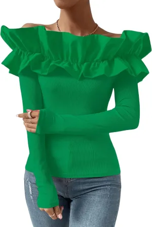 OYOANGLE Women's Long Sleeve Rib Knit Ruffle Off Shoulder Blouse Party Tops Shirt
