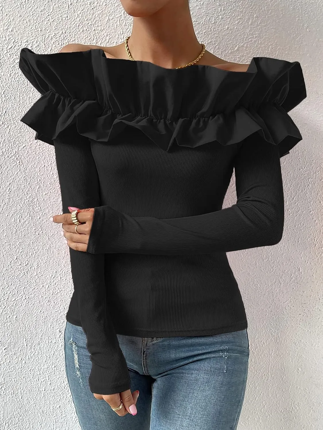 OYOANGLE Women's Long Sleeve Rib Knit Ruffle Off Shoulder Blouse Party Tops Shirt