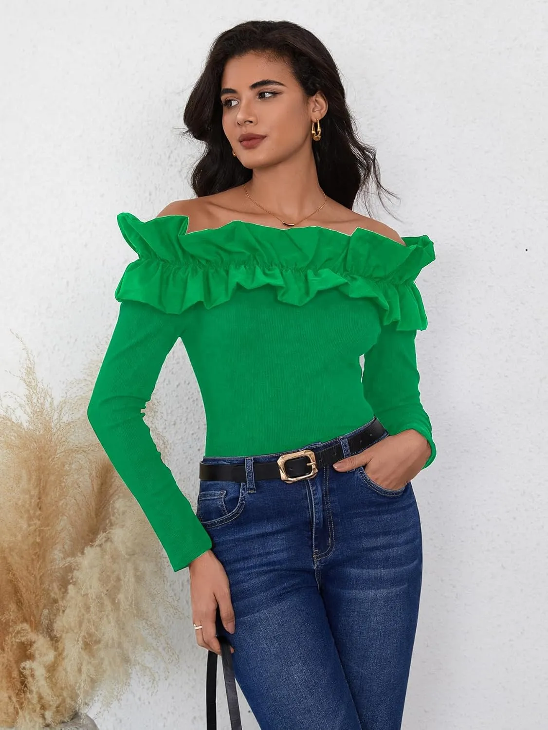 OYOANGLE Women's Long Sleeve Rib Knit Ruffle Off Shoulder Blouse Party Tops Shirt