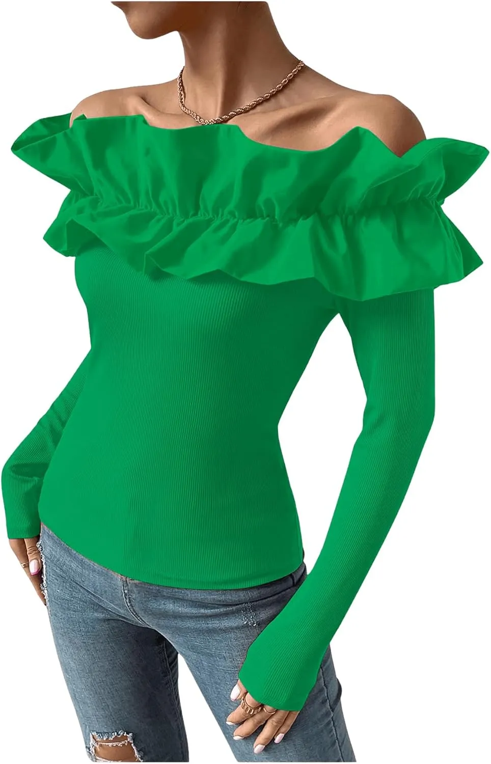 OYOANGLE Women's Long Sleeve Rib Knit Ruffle Off Shoulder Blouse Party Tops Shirt