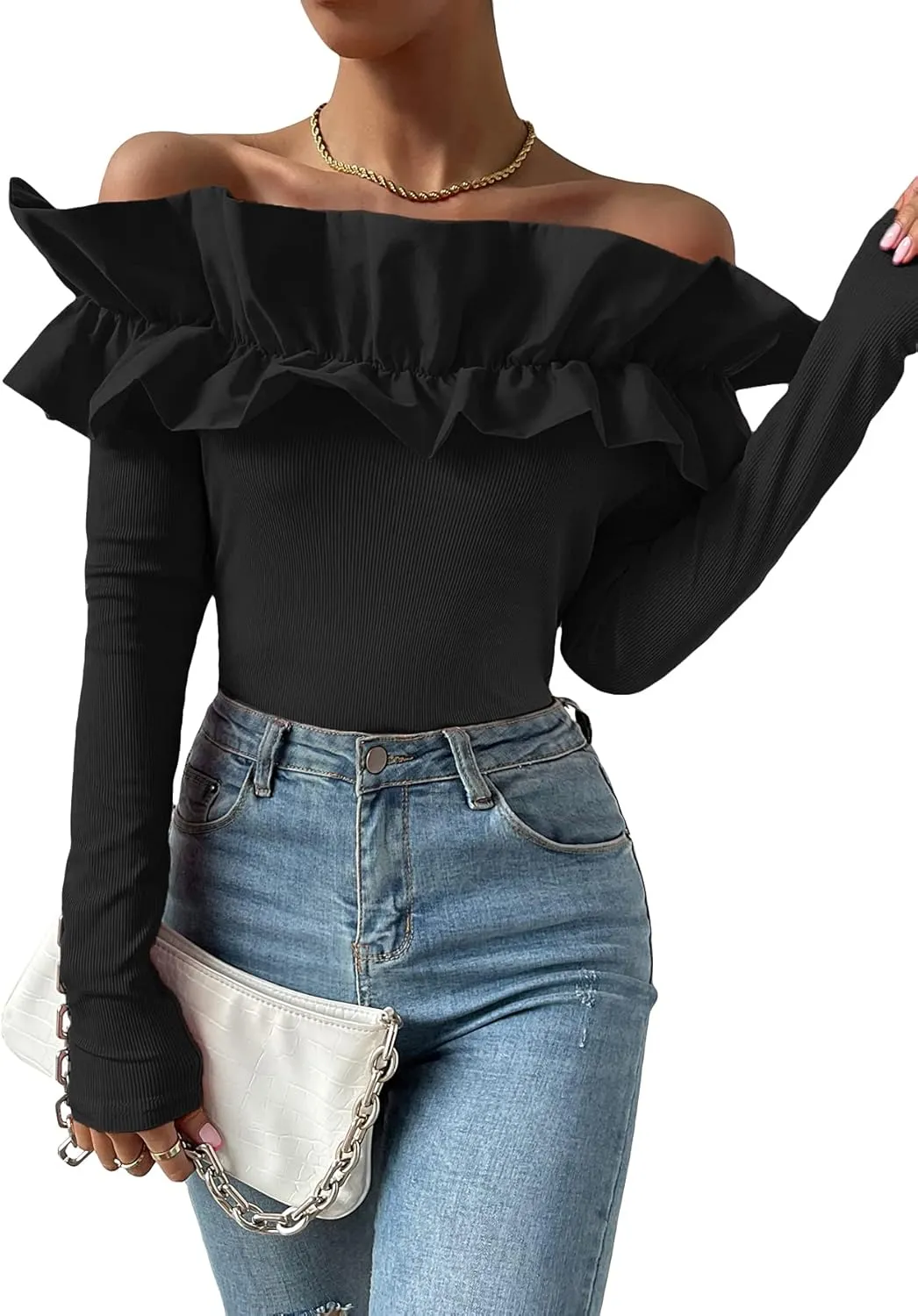 OYOANGLE Women's Long Sleeve Rib Knit Ruffle Off Shoulder Blouse Party Tops Shirt
