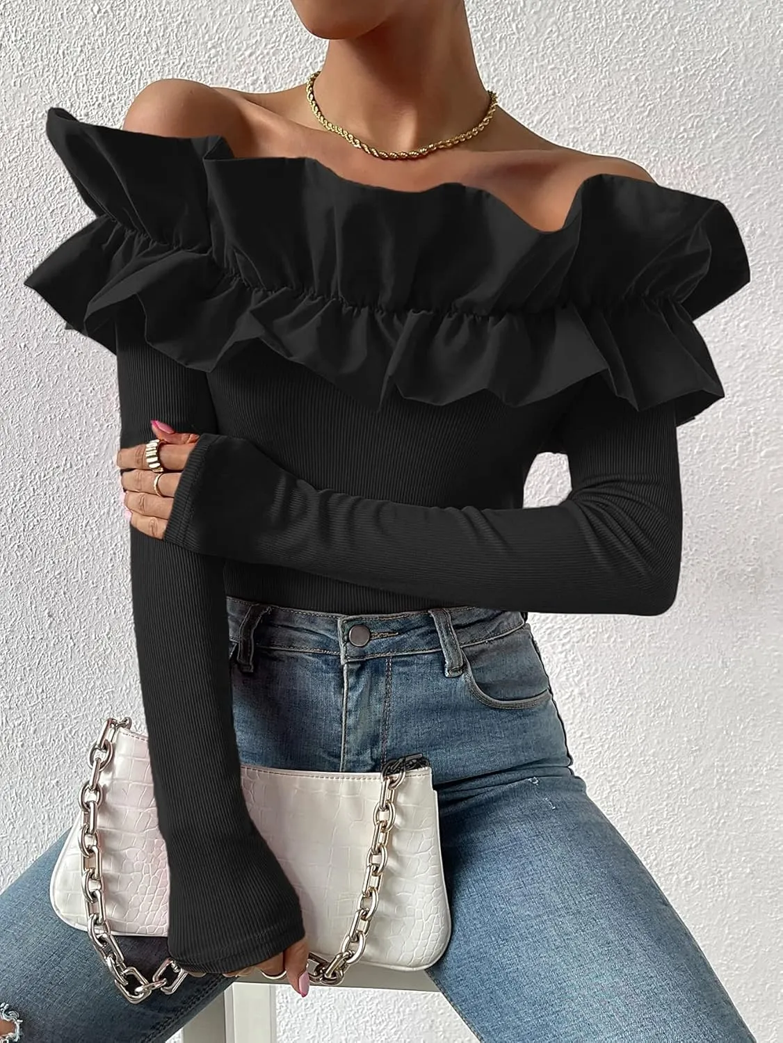 OYOANGLE Women's Long Sleeve Rib Knit Ruffle Off Shoulder Blouse Party Tops Shirt