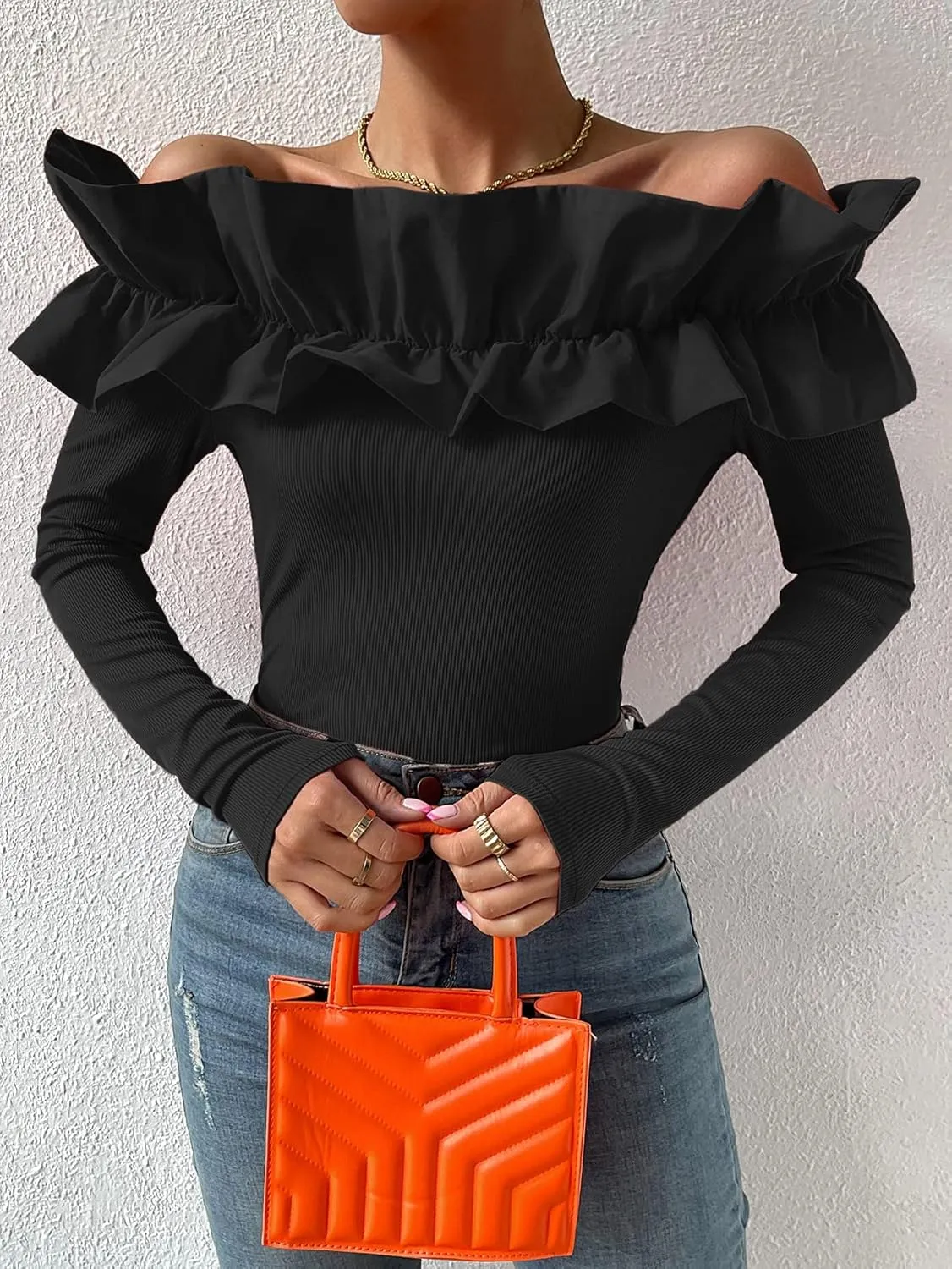 OYOANGLE Women's Long Sleeve Rib Knit Ruffle Off Shoulder Blouse Party Tops Shirt