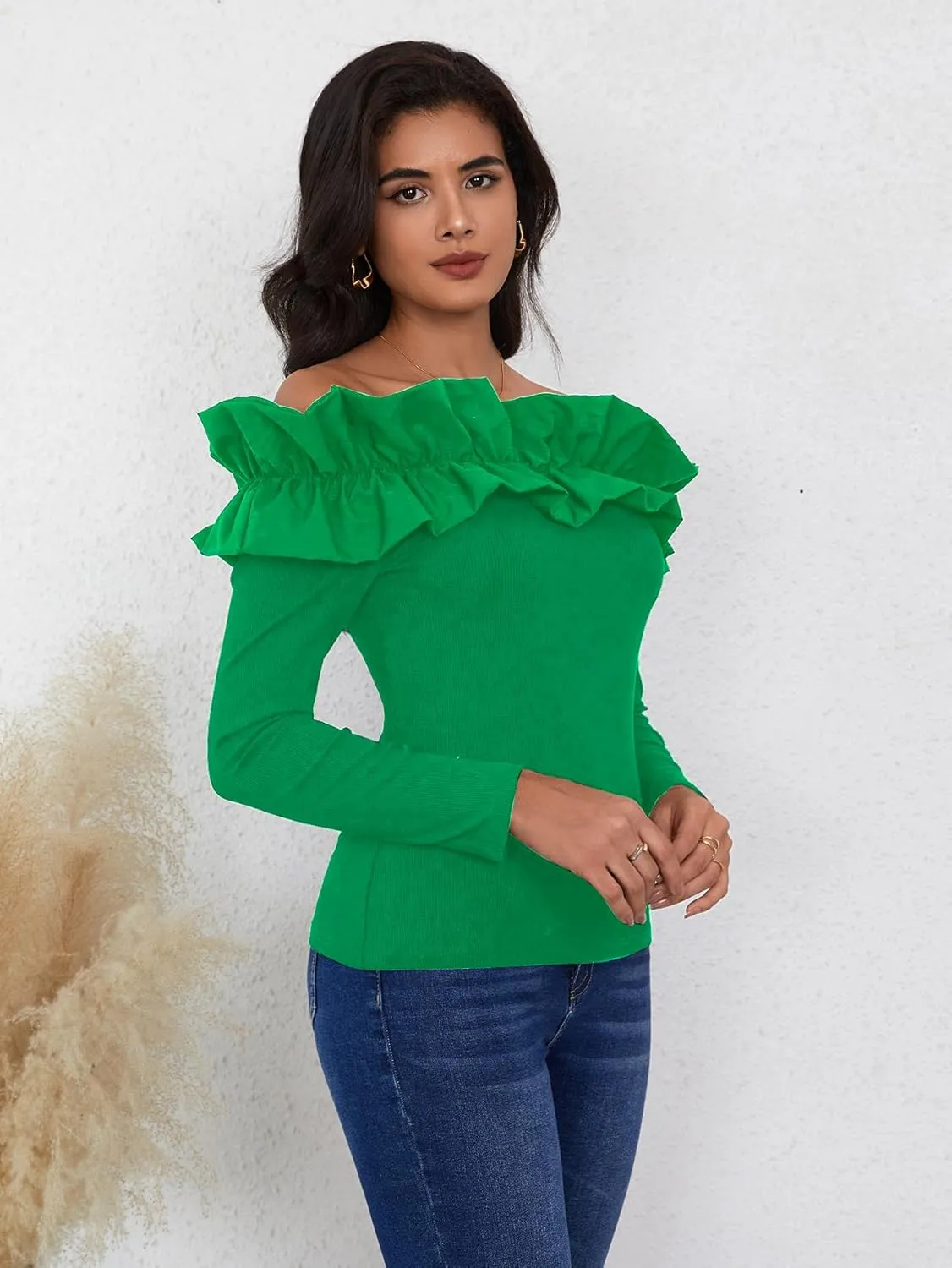 OYOANGLE Women's Long Sleeve Rib Knit Ruffle Off Shoulder Blouse Party Tops Shirt