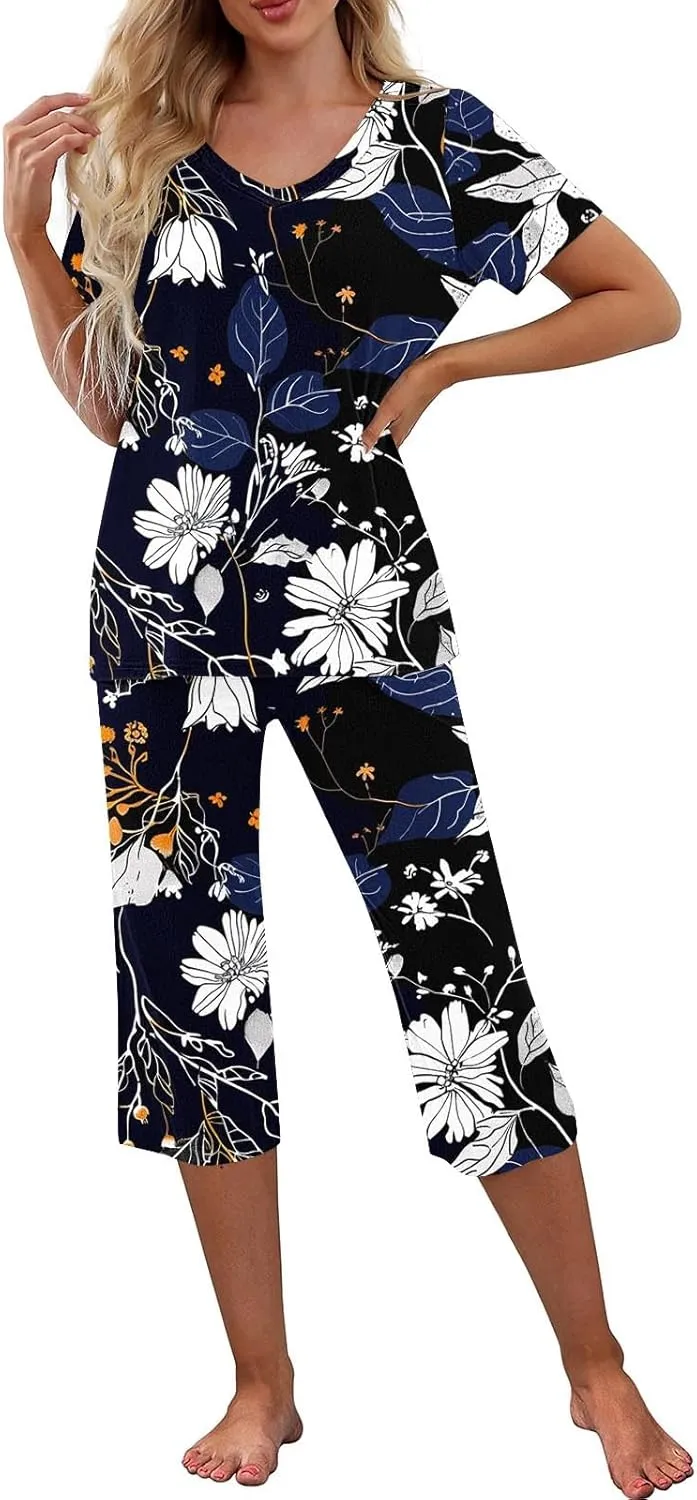 Pajama Set for Women 2 Piece Short Sleeve Top Capri Pants Sleepwear Floral Soft V Neck Pjs Two-Piece Loungewear