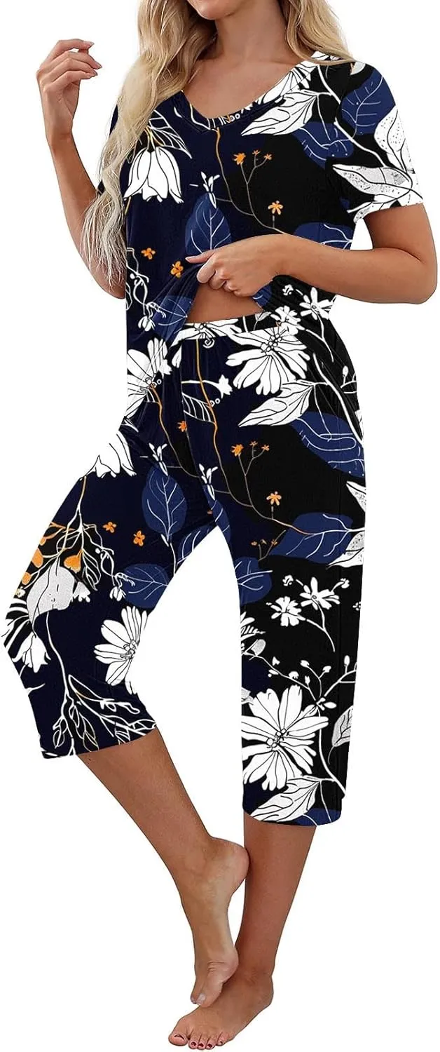 Pajama Set for Women 2 Piece Short Sleeve Top Capri Pants Sleepwear Floral Soft V Neck Pjs Two-Piece Loungewear