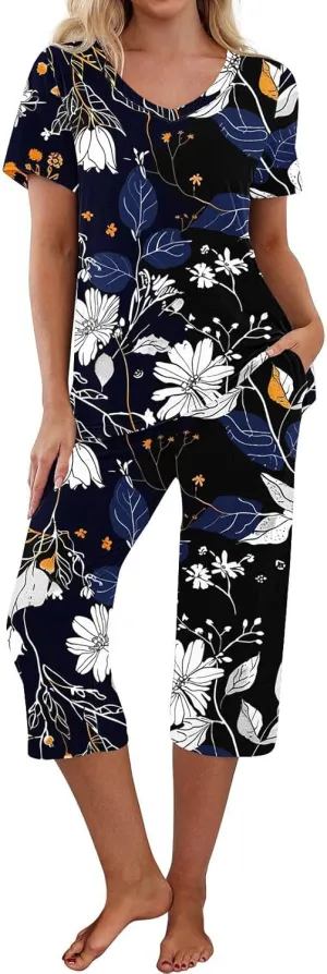 Pajama Set for Women 2 Piece Short Sleeve Top Capri Pants Sleepwear Floral Soft V Neck Pjs Two-Piece Loungewear