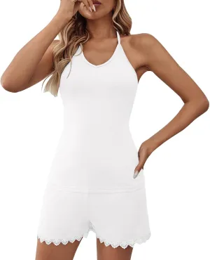 Pajama Set for Women V Neck Sleeveless Tops and Lace Shorts Stretch Casual Comfy Loungewear Sets 2 Piece Sleepwear