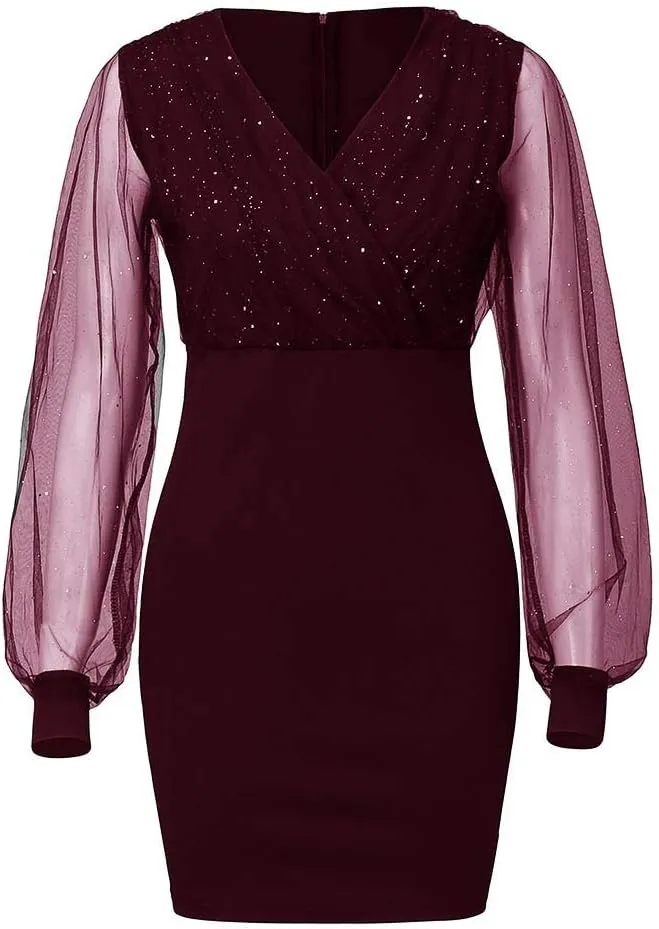 Party Dresses for Women 2023 Glitter Mesh Long Sleeve Dress Sexy V Neck Wrap Bodycon Elegant Cocktail New Years Eve Dress