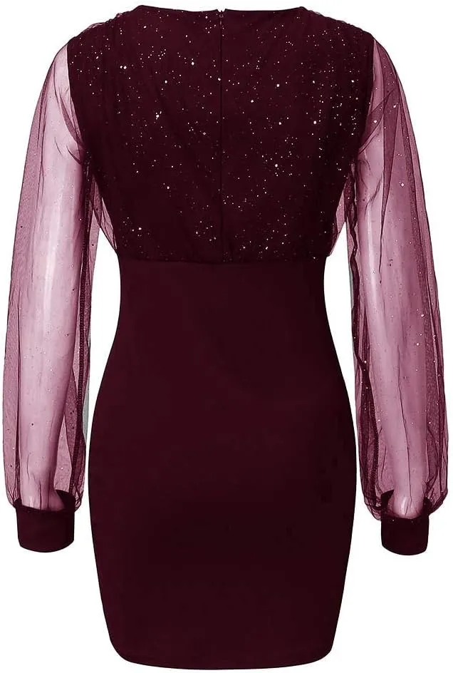 Party Dresses for Women 2023 Glitter Mesh Long Sleeve Dress Sexy V Neck Wrap Bodycon Elegant Cocktail New Years Eve Dress