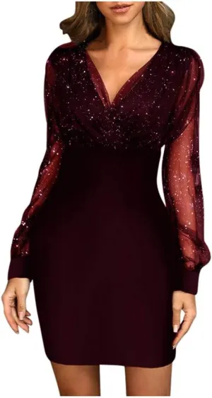 Party Dresses for Women 2023 Glitter Mesh Long Sleeve Dress Sexy V Neck Wrap Bodycon Elegant Cocktail New Years Eve Dress