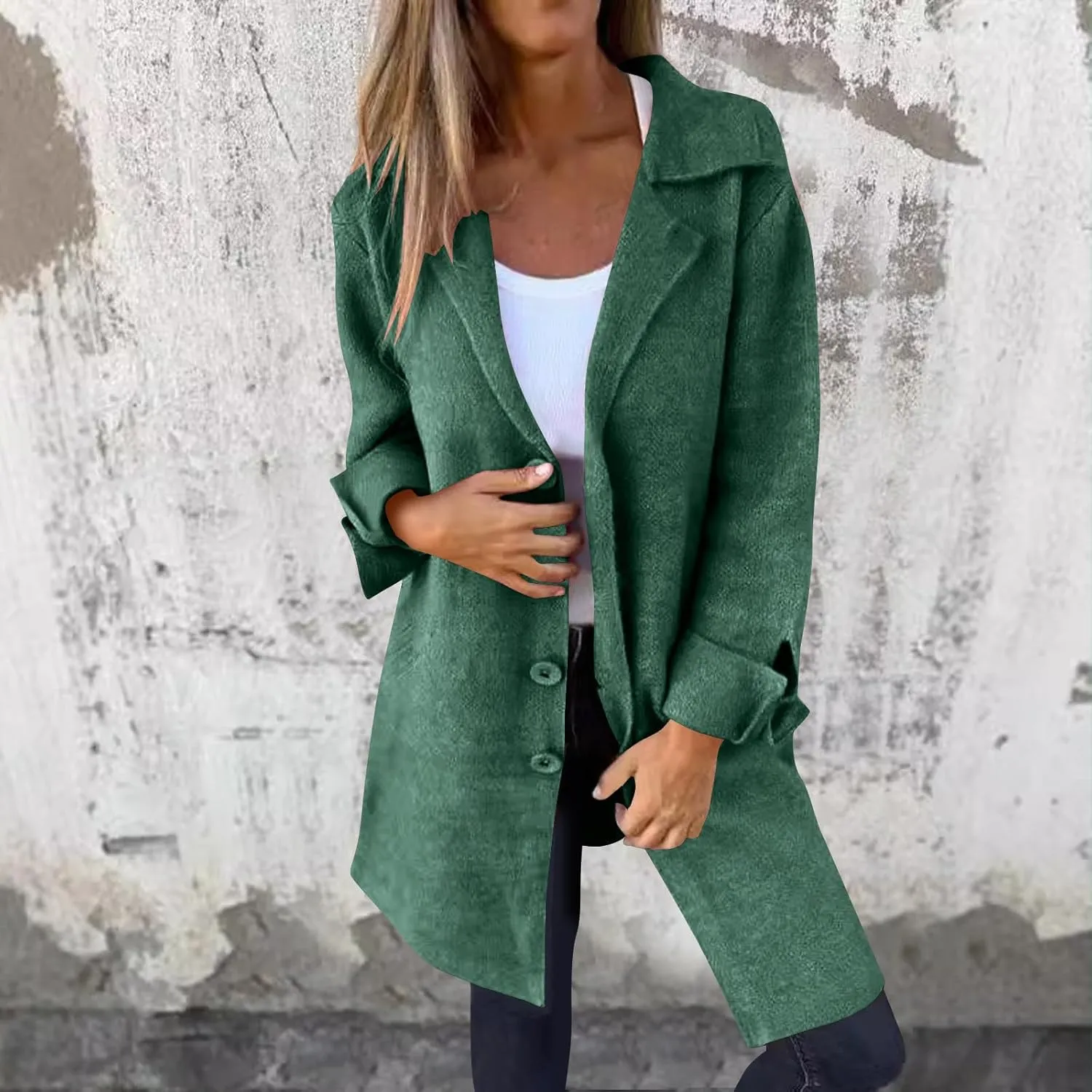 Pea Coats for Women Fall Mid-Long Wool Blend Peacoat Notched Lapel Collar Single-Breasted Overcoat Plus Size Trench Coat