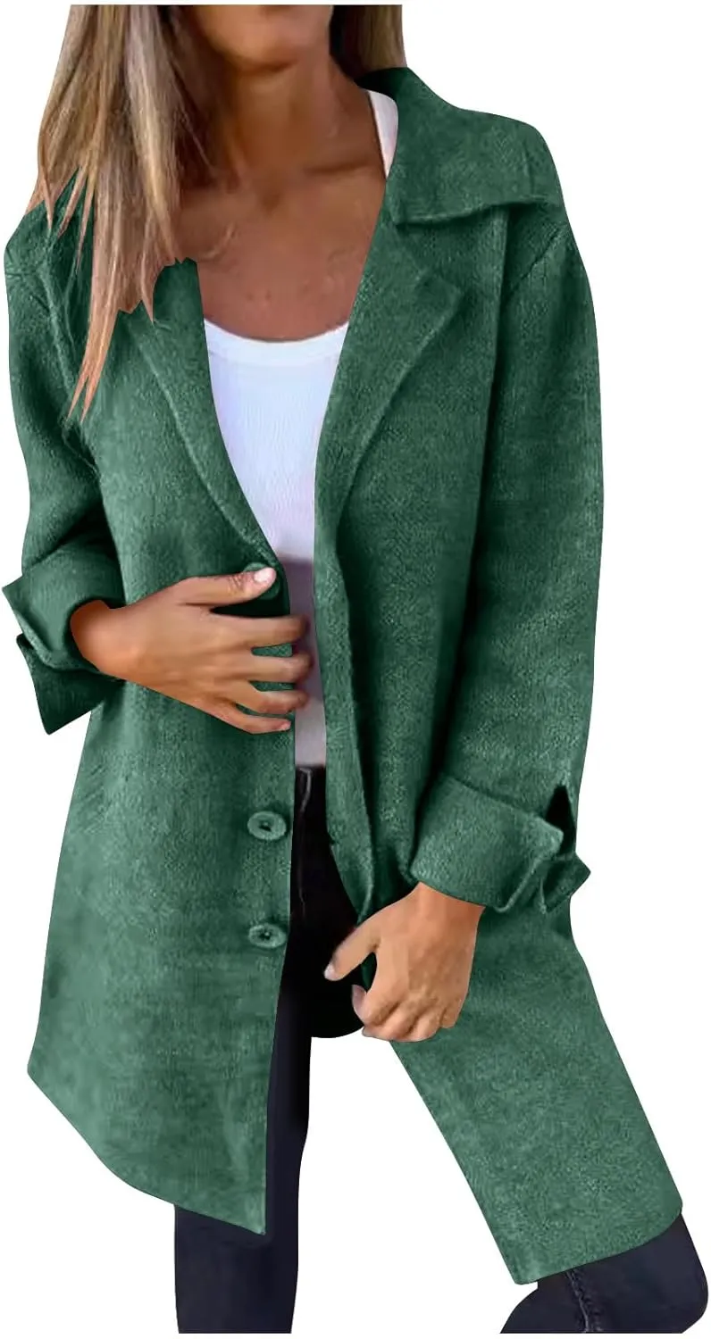 Pea Coats for Women Fall Mid-Long Wool Blend Peacoat Notched Lapel Collar Single-Breasted Overcoat Plus Size Trench Coat