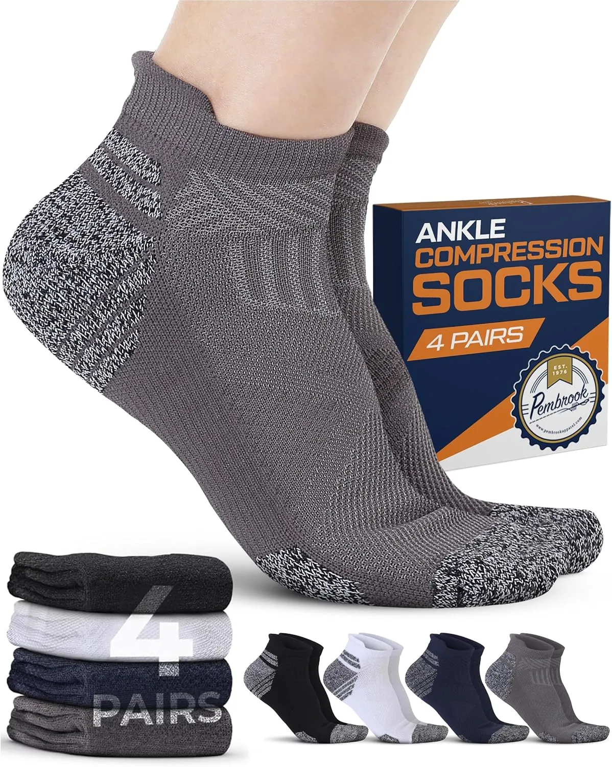 Pembrook Ankle Compression Socks for Women & Men - 4 Pairs | Sports Running Compression Socks | Athletic Ankle Support Socks