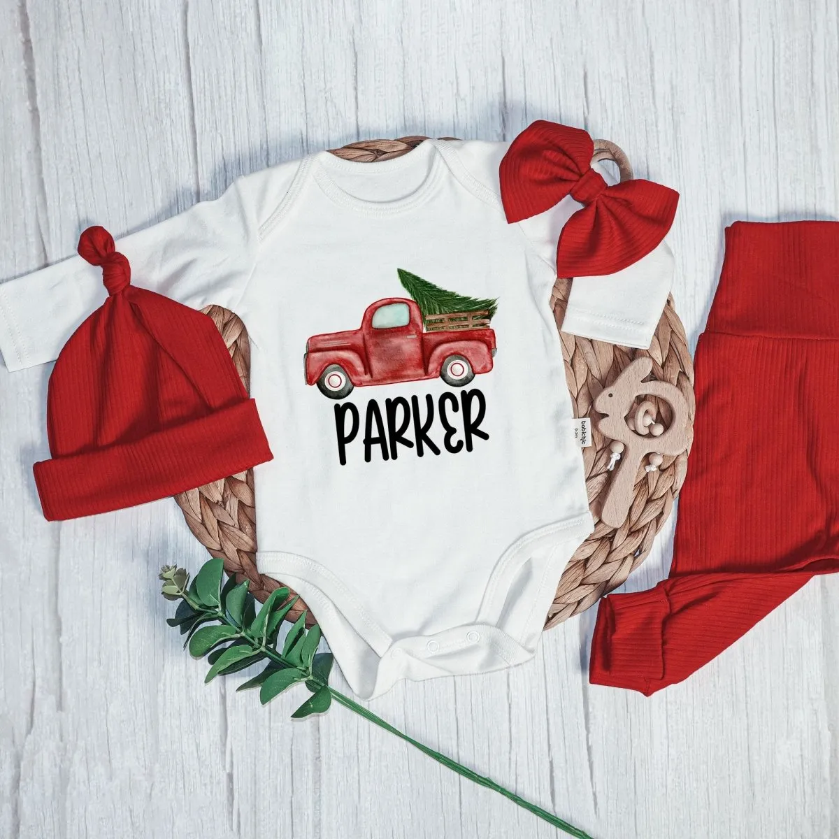 Personalised Red Truck Christmas Baby Boy Onesie and Long Pants | Cute Christmas Bodysuit | Infant Christmas Outfit