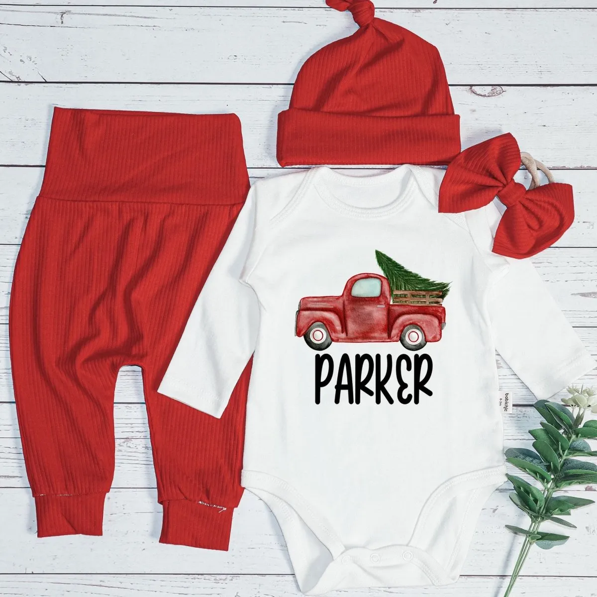 Personalised Red Truck Christmas Baby Boy Onesie and Long Pants | Cute Christmas Bodysuit | Infant Christmas Outfit