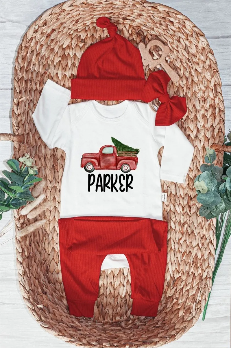Personalised Red Truck Christmas Baby Boy Onesie and Long Pants | Cute Christmas Bodysuit | Infant Christmas Outfit
