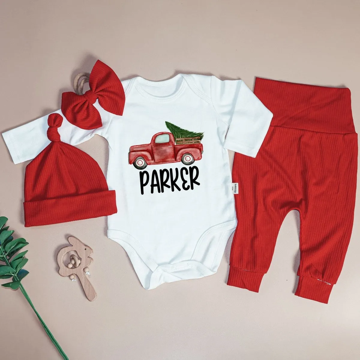 Personalised Red Truck Christmas Baby Boy Onesie and Long Pants | Cute Christmas Bodysuit | Infant Christmas Outfit