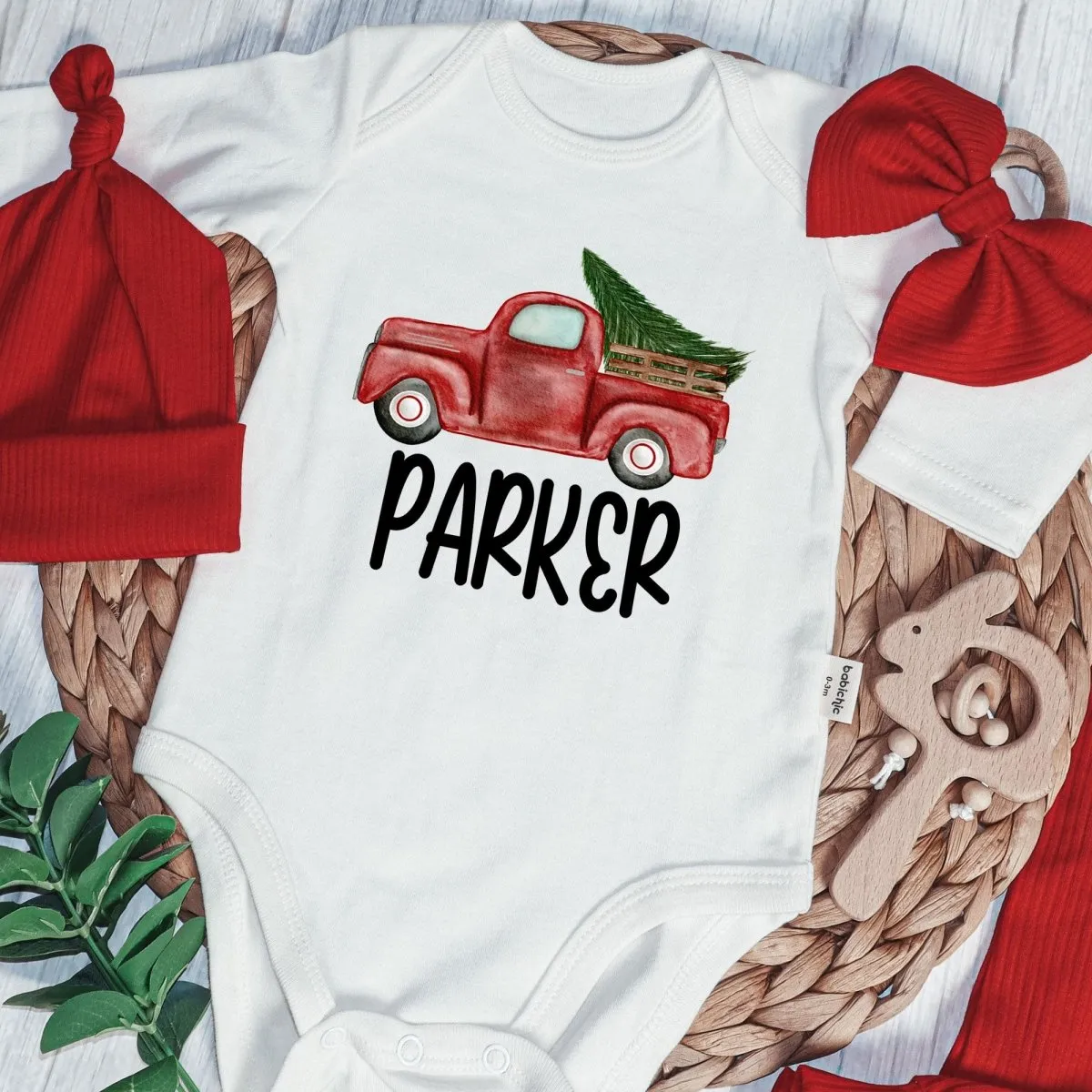 Personalised Red Truck Christmas Baby Boy Onesie and Long Pants | Cute Christmas Bodysuit | Infant Christmas Outfit