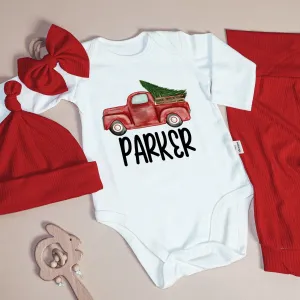 Personalised Red Truck Christmas Baby Boy Onesie and Long Pants | Cute Christmas Bodysuit | Infant Christmas Outfit