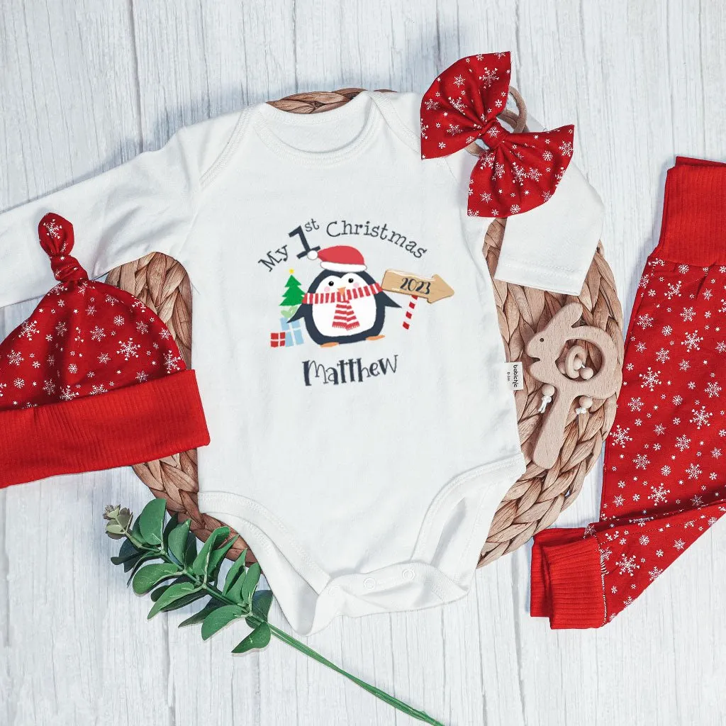 Personalized Christmas Baby Boy Onesies and Long Pants Set | White Long Sleeve Bodysuit My 1st Christmas Cute Penguin Baby Name