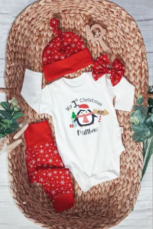Personalized Christmas Baby Boy Onesies and Long Pants Set | White Long Sleeve Bodysuit My 1st Christmas Cute Penguin Baby Name