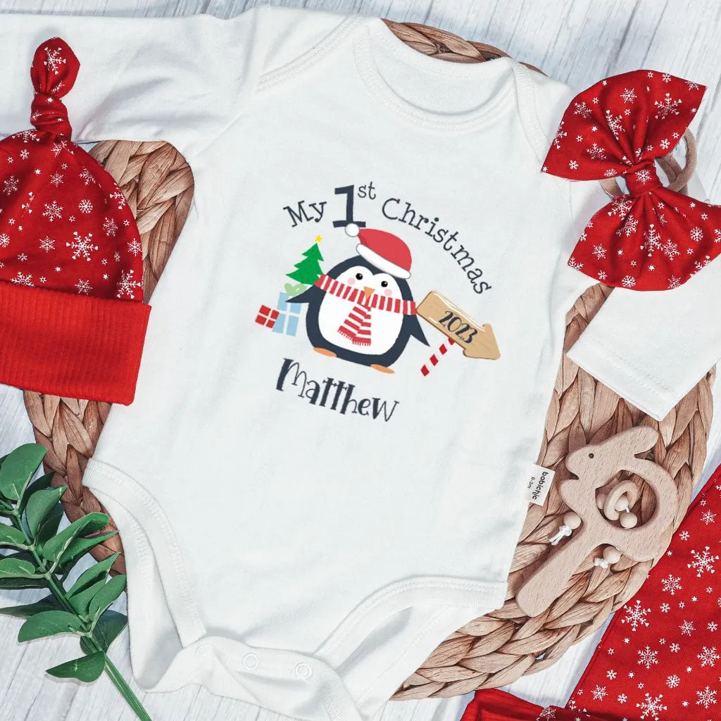 Personalized Christmas Baby Boy Onesies and Long Pants Set | White Long Sleeve Bodysuit My 1st Christmas Cute Penguin Baby Name