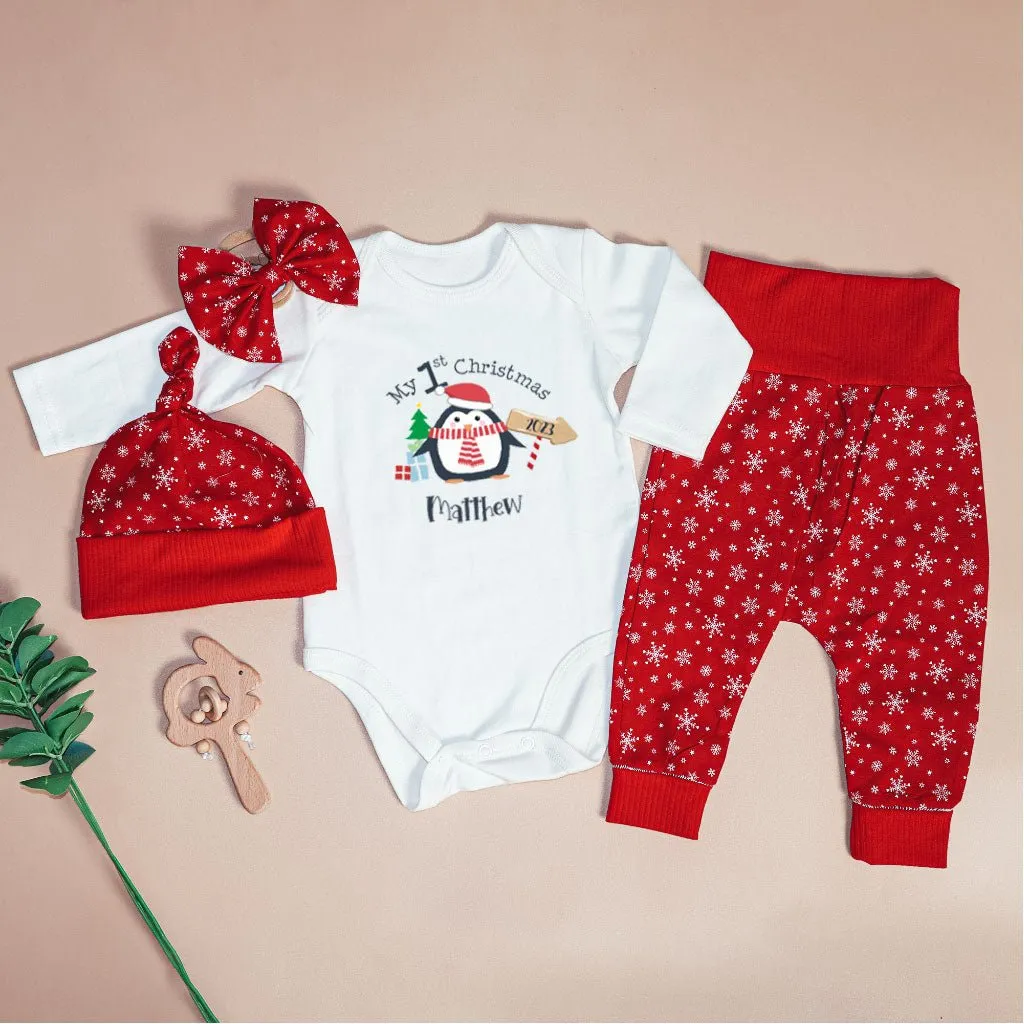 Personalized Christmas Baby Boy Onesies and Long Pants Set | White Long Sleeve Bodysuit My 1st Christmas Cute Penguin Baby Name