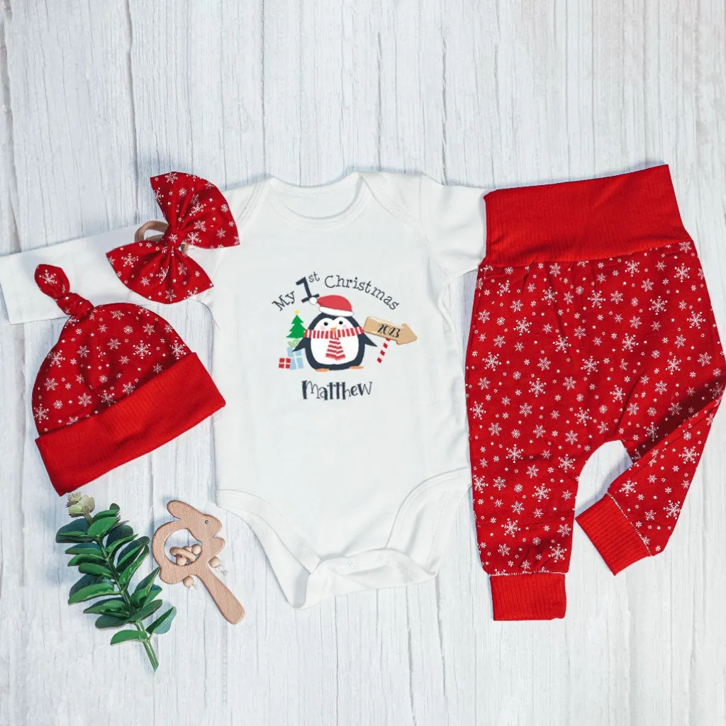 Personalized Christmas Baby Boy Onesies and Long Pants Set | White Long Sleeve Bodysuit My 1st Christmas Cute Penguin Baby Name