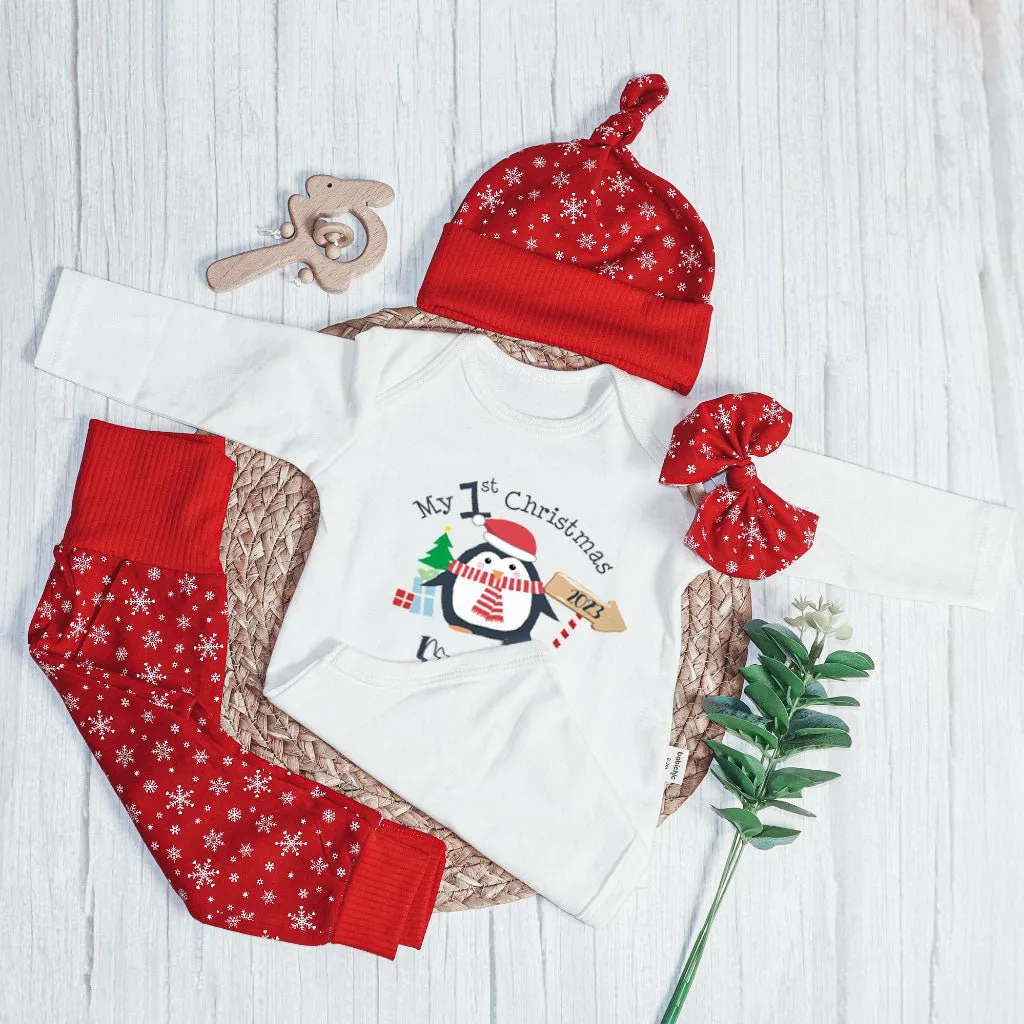 Personalized Christmas Baby Boy Onesies and Long Pants Set | White Long Sleeve Bodysuit My 1st Christmas Cute Penguin Baby Name