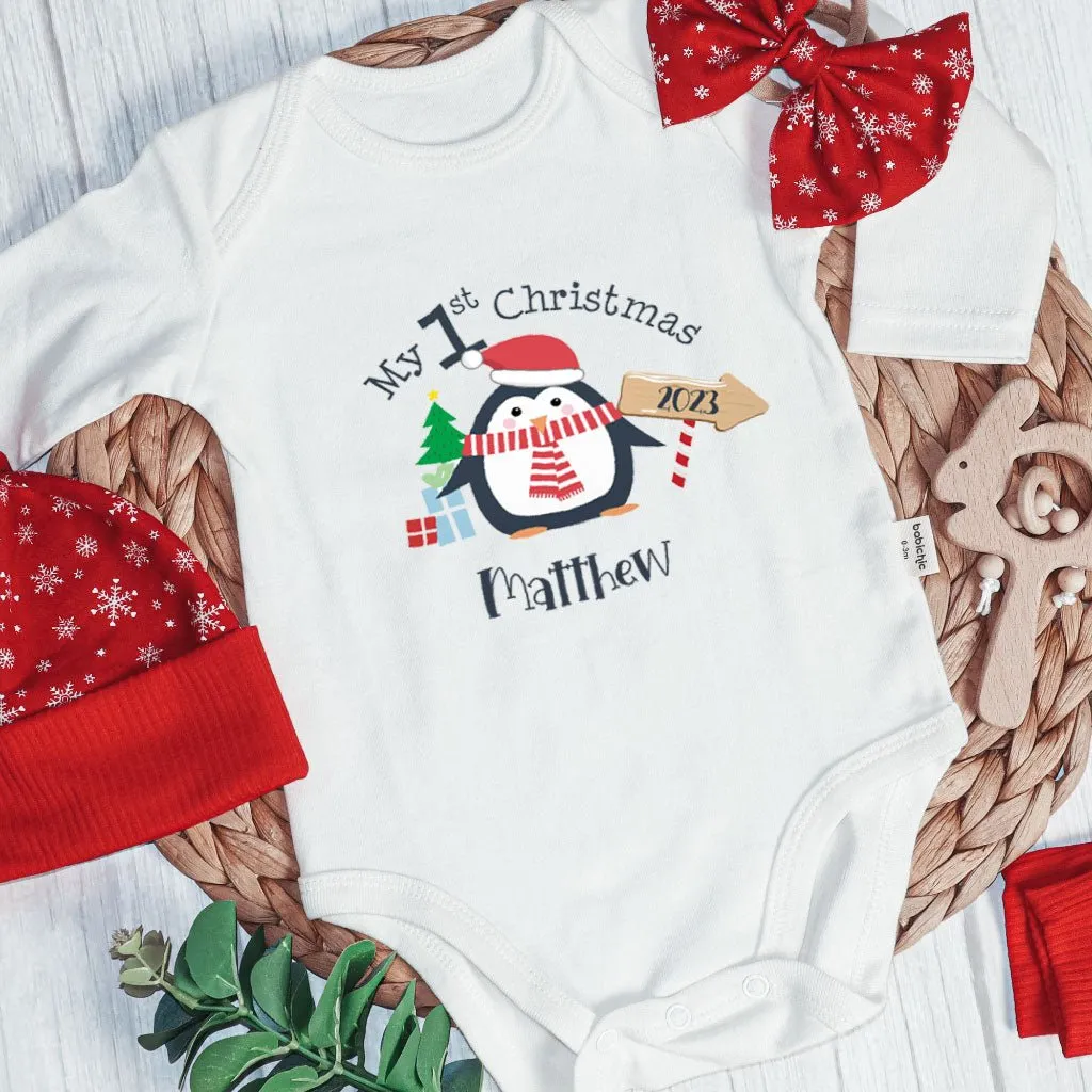 Personalized Christmas Baby Boy Onesies and Long Pants Set | White Long Sleeve Bodysuit My 1st Christmas Cute Penguin Baby Name