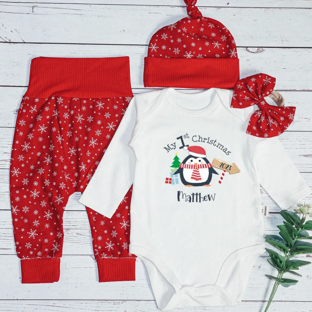 Personalized Christmas Baby Boy Onesies and Long Pants Set | White Long Sleeve Bodysuit My 1st Christmas Cute Penguin Baby Name
