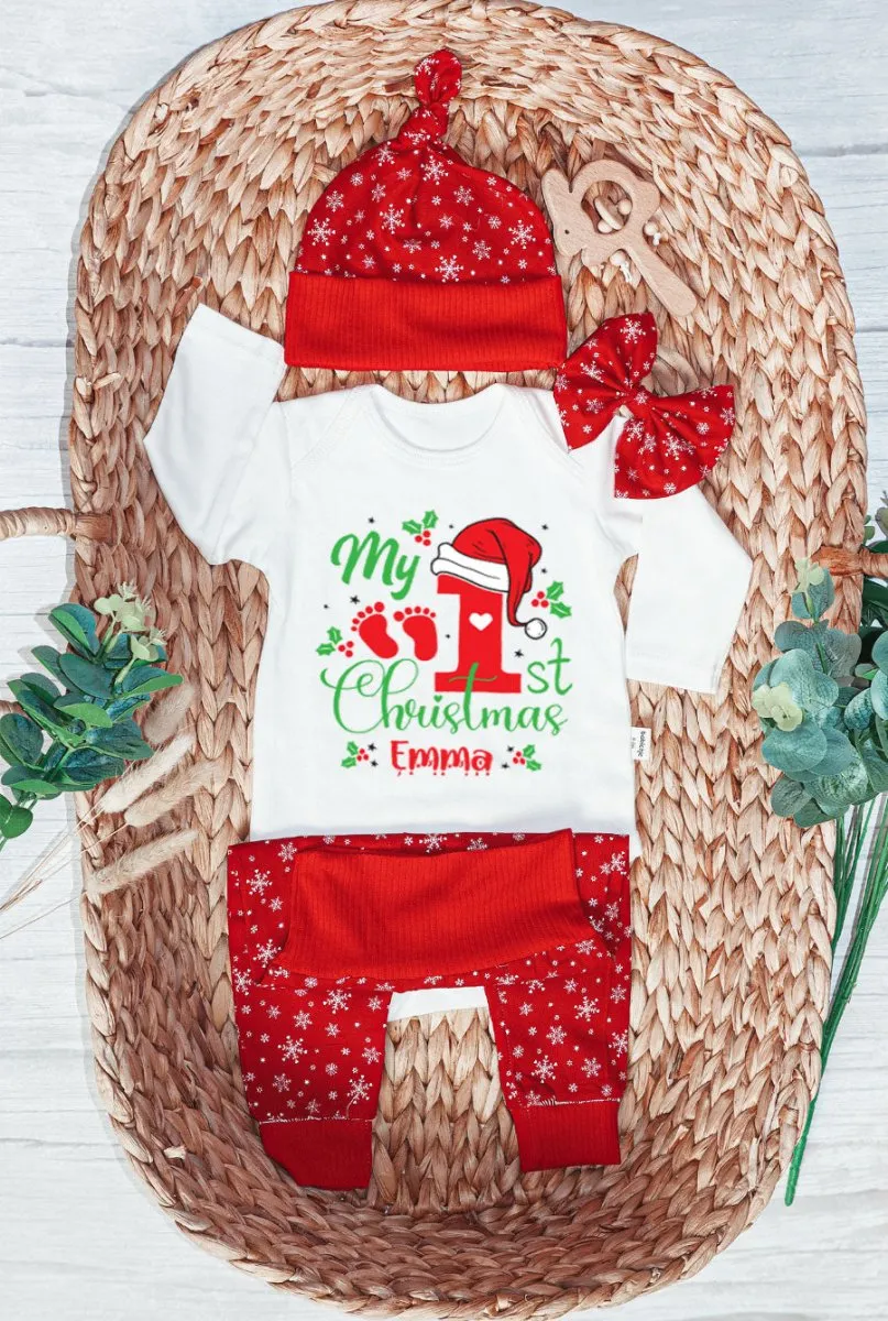 Personalized Christmas Long Sleeve Bodysuit and Long Pants Set | Custom Baby Onesies My 1st Christmas Baby Name | Gender Neutral Baby Clothes
