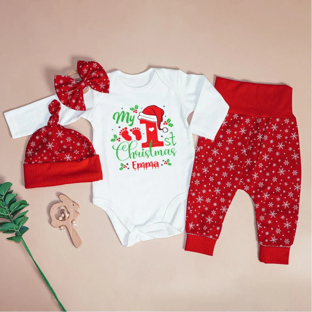 Personalized Christmas Long Sleeve Bodysuit and Long Pants Set | Custom Baby Onesies My 1st Christmas Baby Name | Gender Neutral Baby Clothes