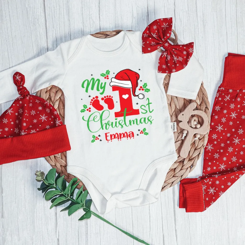 Personalized Christmas Long Sleeve Bodysuit and Long Pants Set | Custom Baby Onesies My 1st Christmas Baby Name | Gender Neutral Baby Clothes