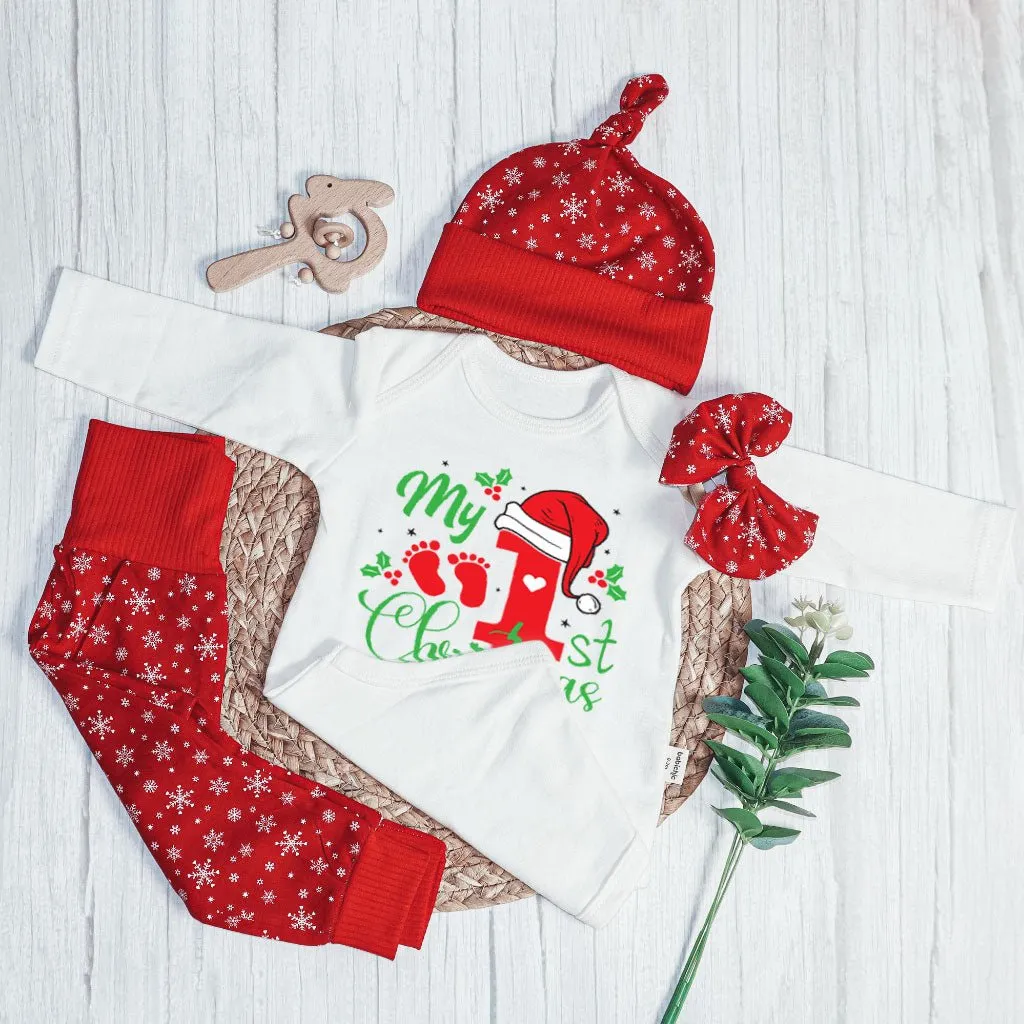 Personalized Christmas Long Sleeve Bodysuit and Long Pants Set | Custom Baby Onesies My 1st Christmas Baby Name | Gender Neutral Baby Clothes