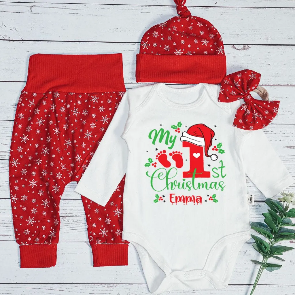 Personalized Christmas Long Sleeve Bodysuit and Long Pants Set | Custom Baby Onesies My 1st Christmas Baby Name | Gender Neutral Baby Clothes