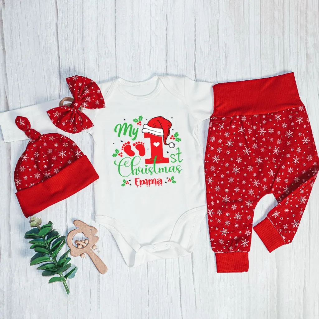 Personalized Christmas Long Sleeve Bodysuit and Long Pants Set | Custom Baby Onesies My 1st Christmas Baby Name | Gender Neutral Baby Clothes