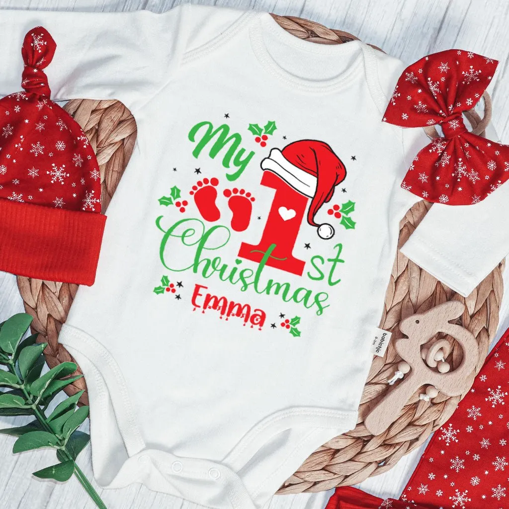 Personalized Christmas Long Sleeve Bodysuit and Long Pants Set | Custom Baby Onesies My 1st Christmas Baby Name | Gender Neutral Baby Clothes