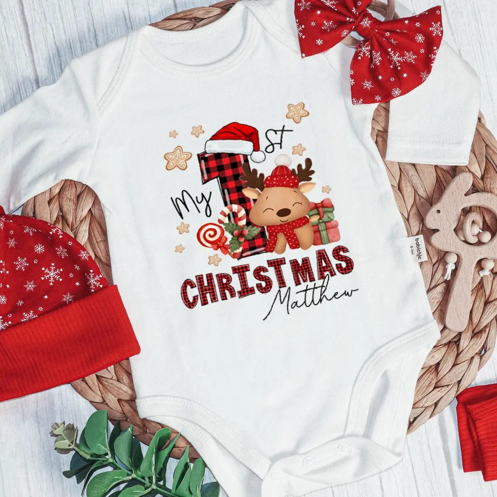 Personalized My First Christmas Baby Onesie and Long Pants Set | Custom My 1st Cute Deer Christmas Bodysuit
