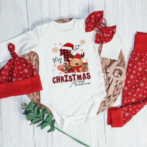 Personalized My First Christmas Baby Onesie and Long Pants Set | Custom My 1st Cute Deer Christmas Bodysuit