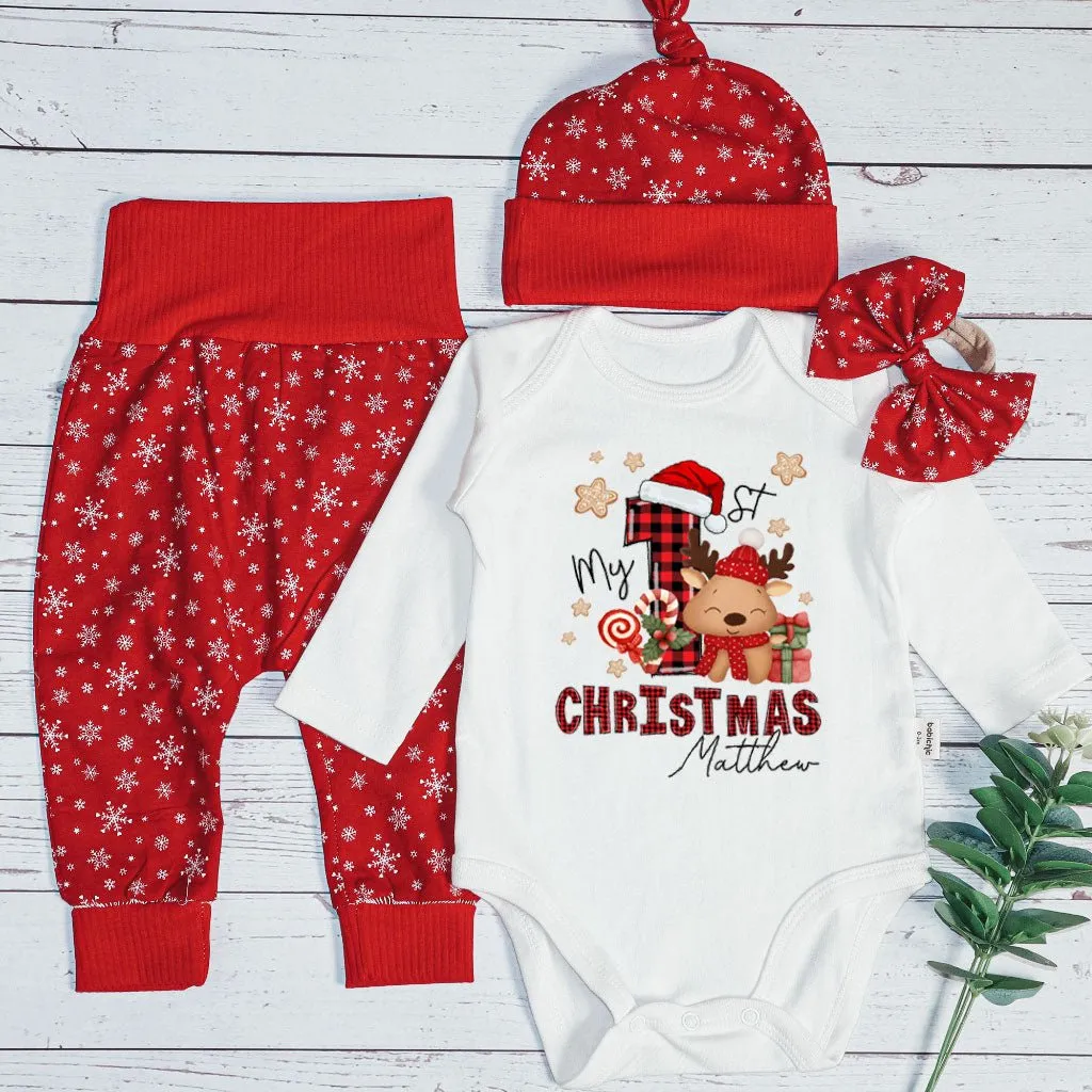 Personalized My First Christmas Baby Onesie and Long Pants Set | Custom My 1st Cute Deer Christmas Bodysuit