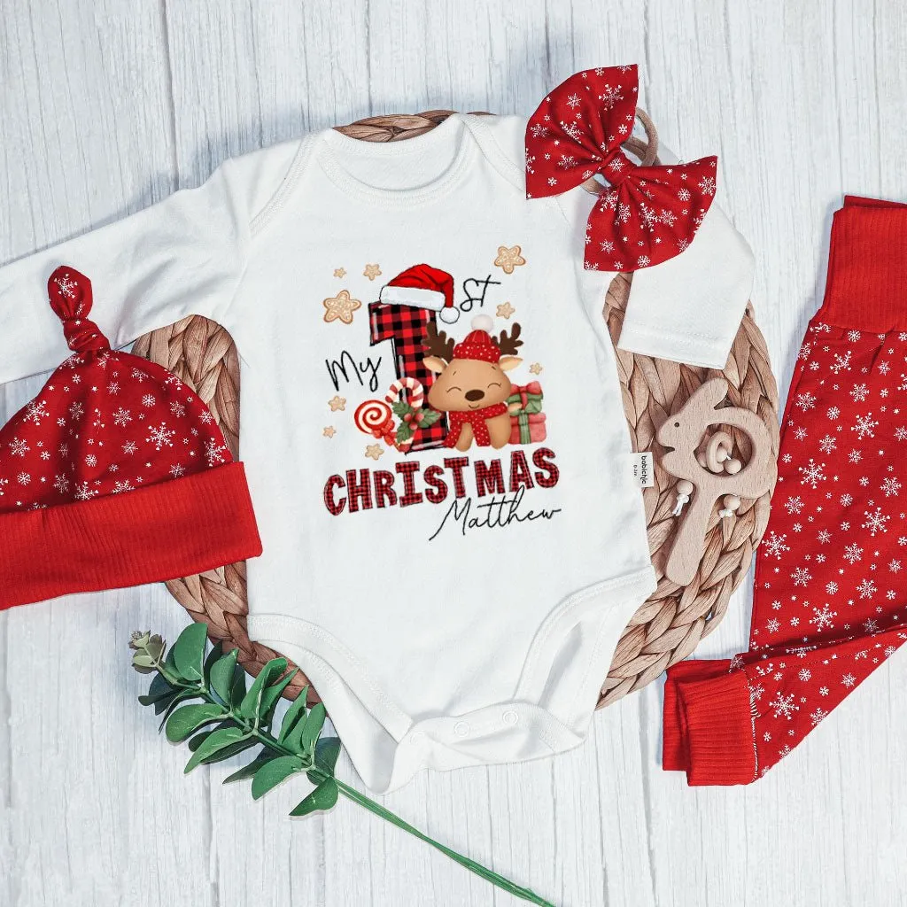 Personalized My First Christmas Baby Onesie and Long Pants Set | Custom My 1st Cute Deer Christmas Bodysuit