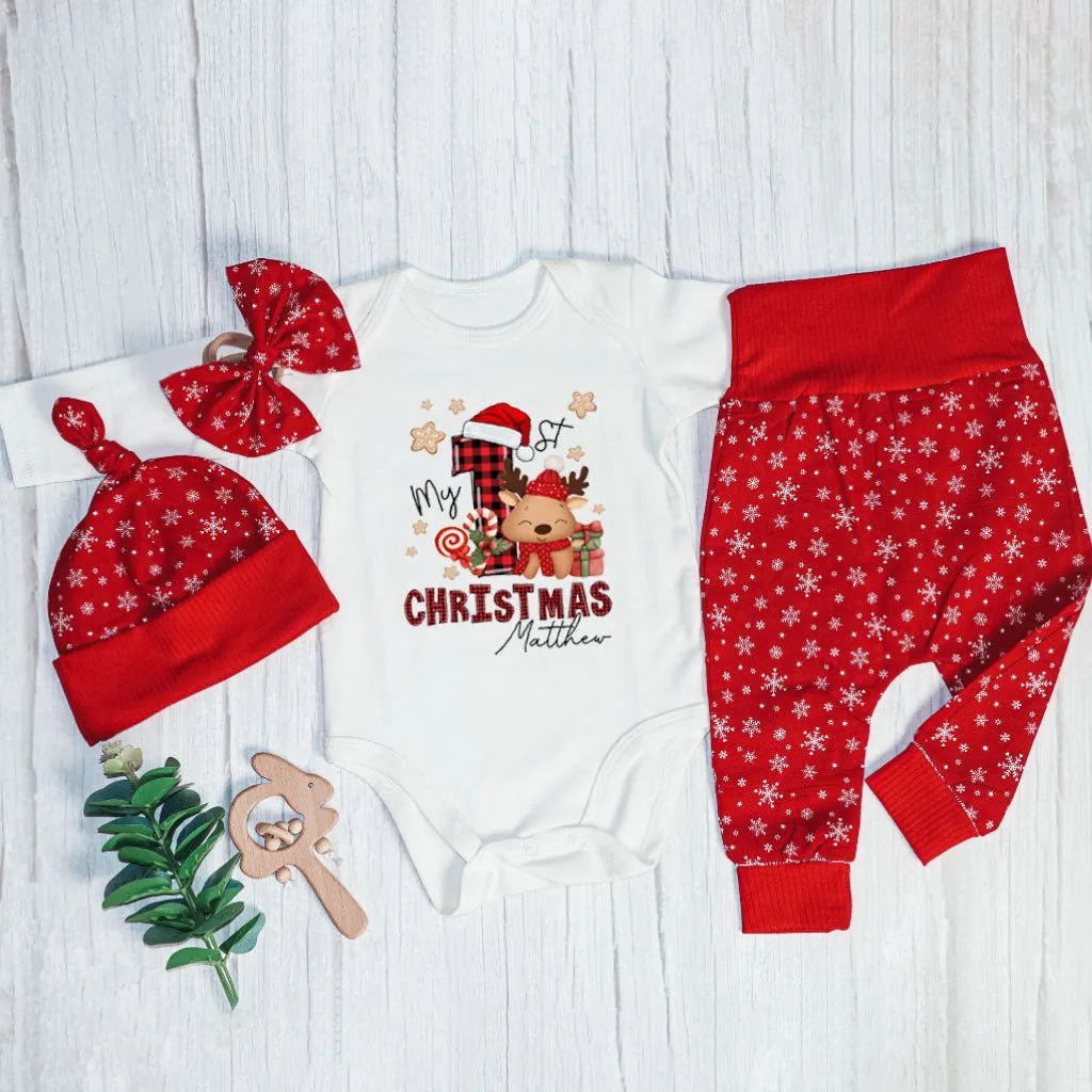 Personalized My First Christmas Baby Onesie and Long Pants Set | Custom My 1st Cute Deer Christmas Bodysuit