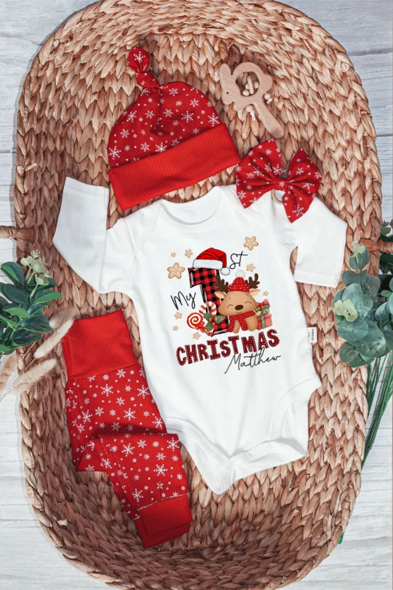 Personalized My First Christmas Baby Onesie and Long Pants Set | Custom My 1st Cute Deer Christmas Bodysuit