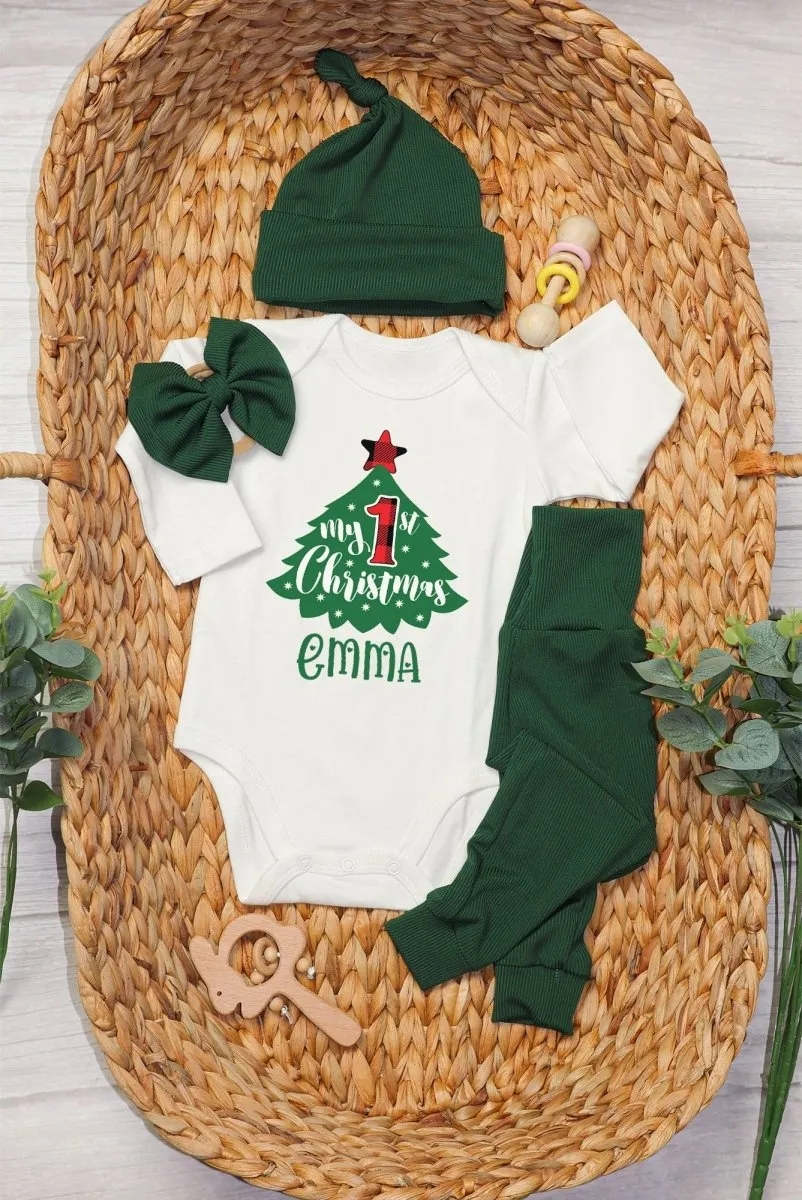 Personalized My First Christmas Tree Baby Onesie and Long Pants Set | Custom Cute Christmas Tree Bodysuit