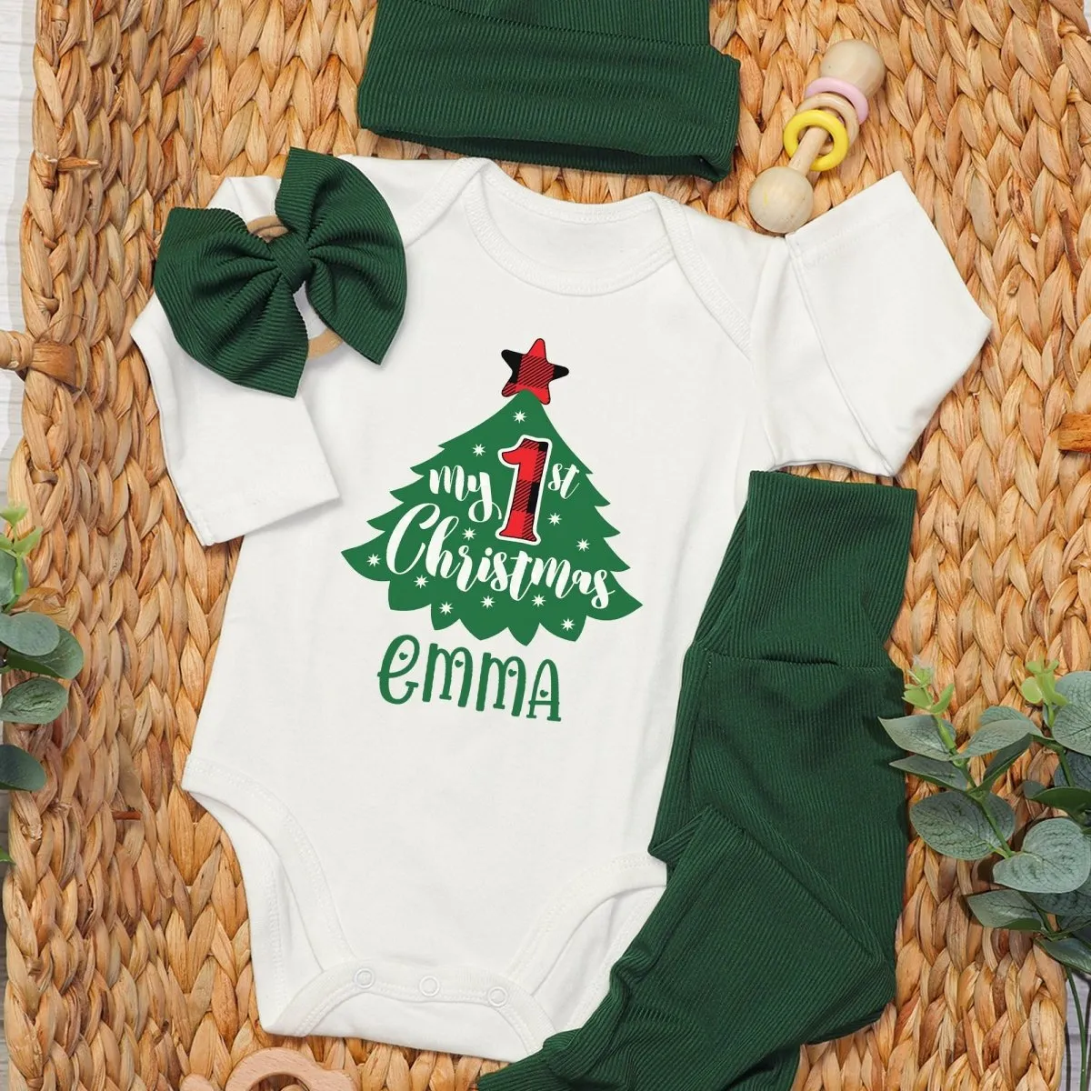 Personalized My First Christmas Tree Baby Onesie and Long Pants Set | Custom Cute Christmas Tree Bodysuit