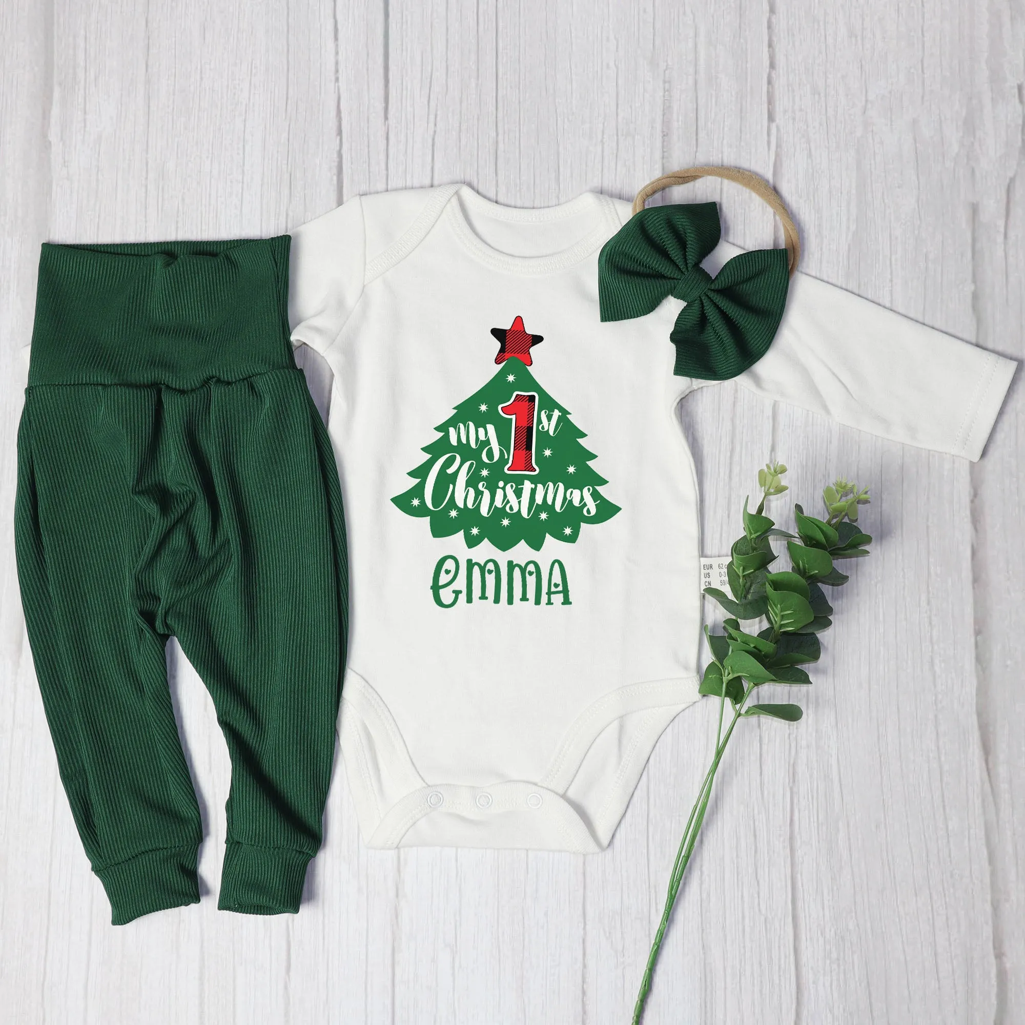 Personalized My First Christmas Tree Baby Onesie and Long Pants Set | Custom Cute Christmas Tree Bodysuit