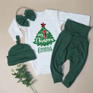Personalized My First Christmas Tree Baby Onesie and Long Pants Set | Custom Cute Christmas Tree Bodysuit