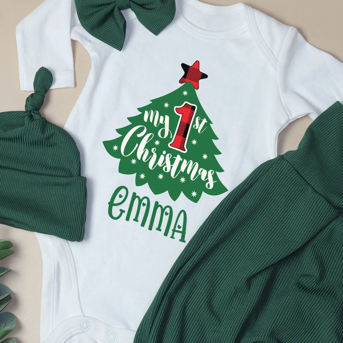 Personalized My First Christmas Tree Baby Onesie and Long Pants Set | Custom Cute Christmas Tree Bodysuit